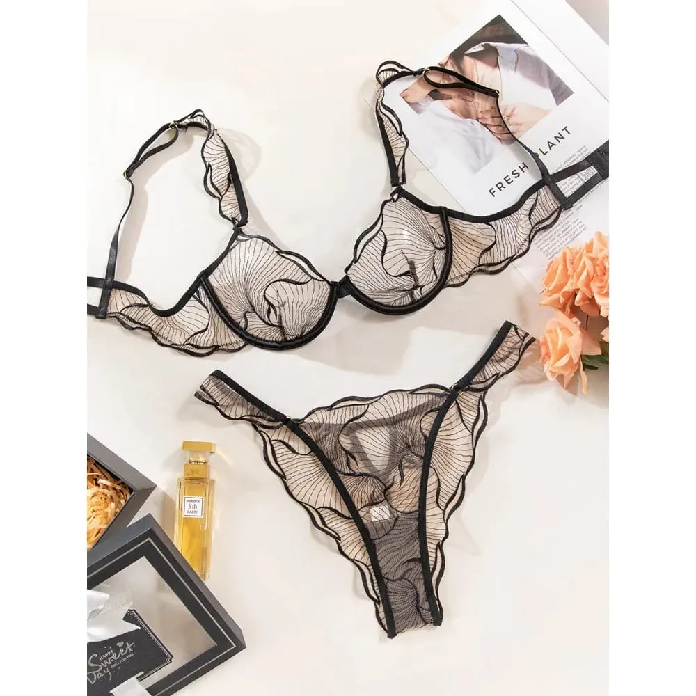 セクシーな Women French Hollow Lace Bra Set Floral Embroidery Ultra Thin Cup Minimizer Brassiere Stretchy Daily Lingerie 32 to 38 — image 2