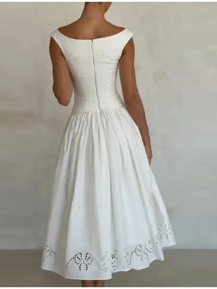 Chic Vintage White Boat Neck Dress Embroidered Cap Sleeve Cutwork Hem High Waist Flowy A-line Gown 2026 New Evening Party Outfit — image 6