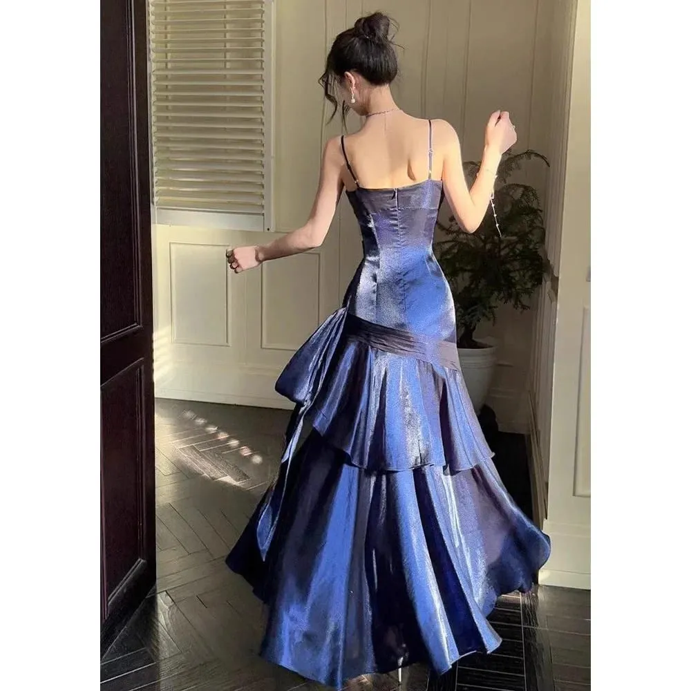Blue Mermaid Style Birthday Dress with Lace Trim Strapless Gown Adult Ceremony Dress Long Ankle Length V-neckline No-sleeve — image 5