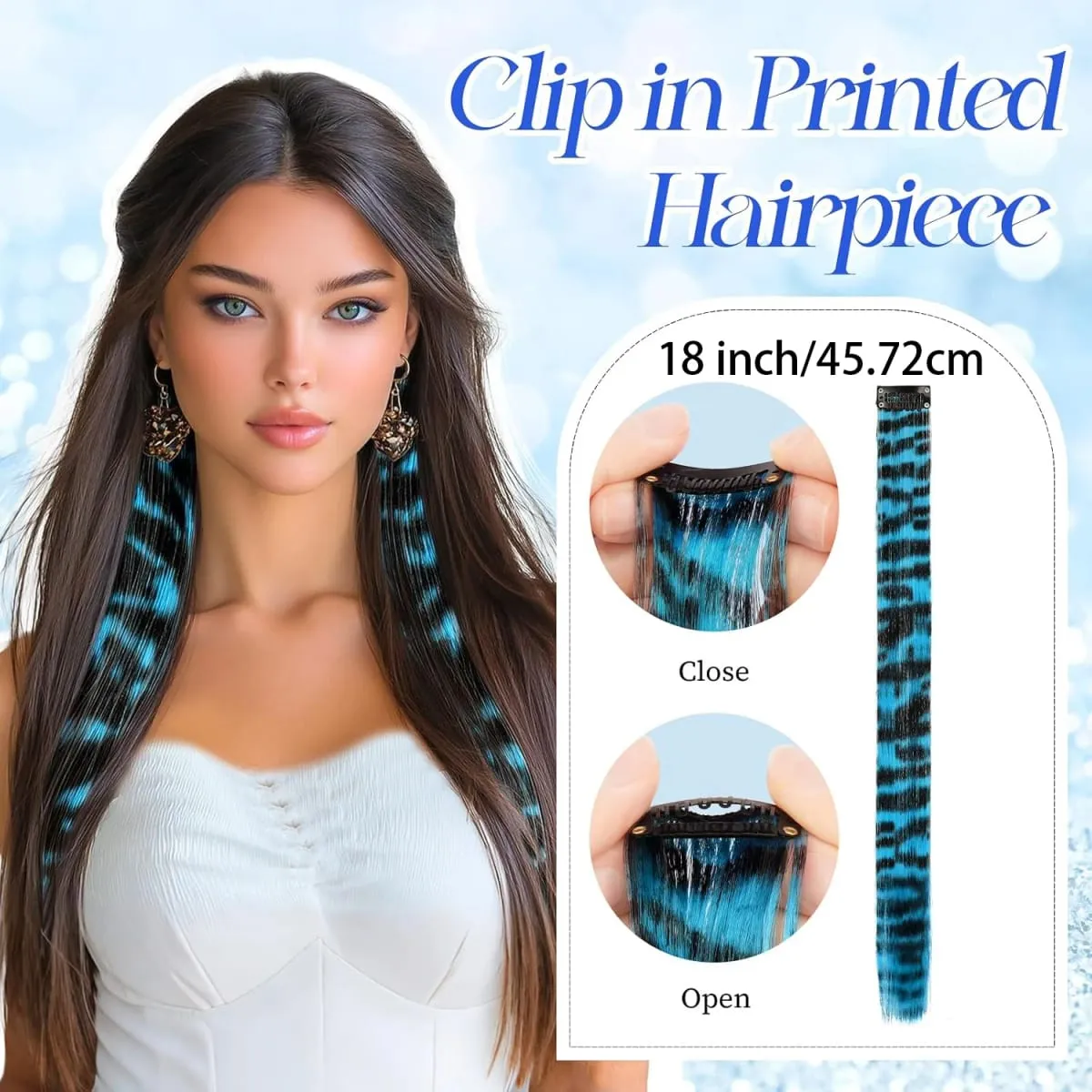 Leopard Printed Clip in Hair Extensions -5 PCS Blue Long Synthetic Straight Clip in Hair Extensions Stripe Printed Hairpiece