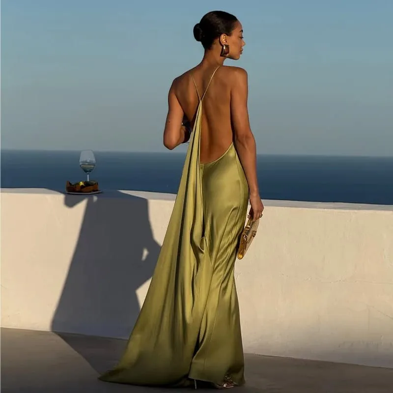Elegant Solid Women's Dress Side Split Backless V-Neck Hip Package Lady Long Dresses 2026 Summer Autumn Female Party Robe