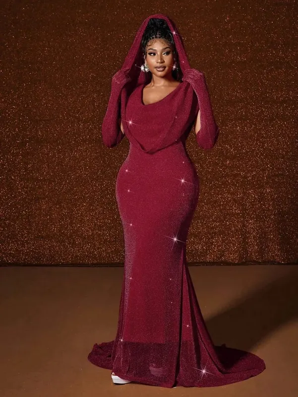Plus Size Hat Sexy Waistband Hot Gold Fish Tail Swing Long Solid Colour Fishtail Slim Package Hip Dress Hooded — image 14