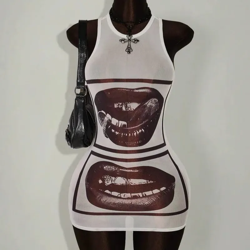 2026 New y2k Summer Lips Printed Sleeveless Bag Hip Round Neck Sleeveless Dress Punk Street Trend Fashion Personality Spicy Girl