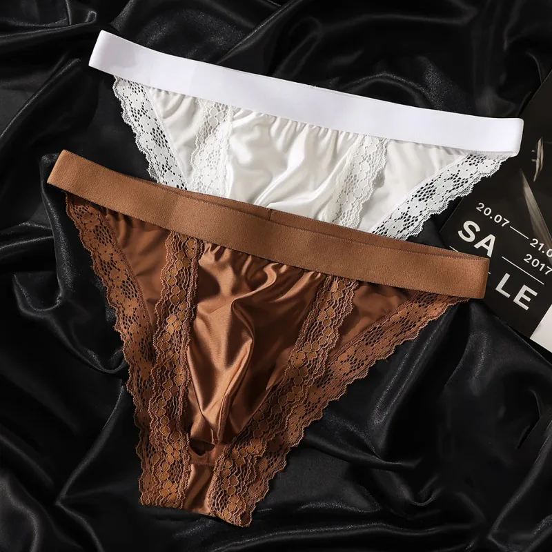 Satin-like Comfortable Men Panties Lace Trim Briefs Sexy High Fork Bikinis Underwear Breathable Low Waist Pouch — image 7