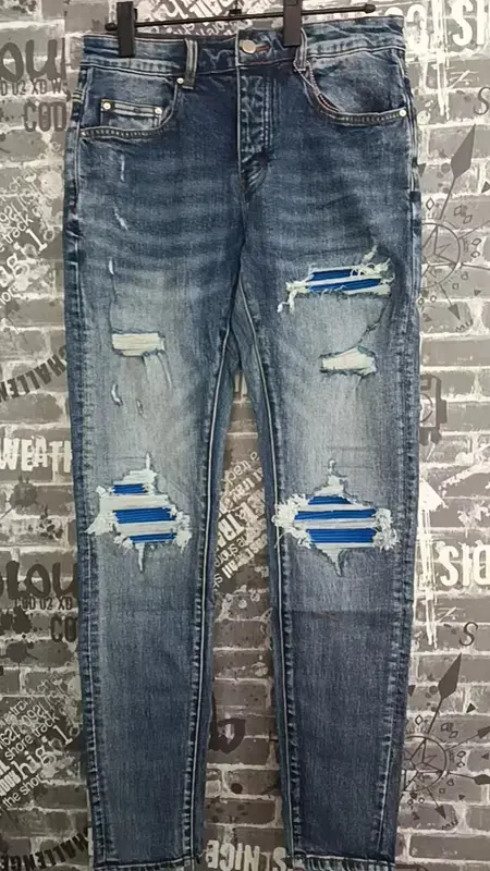 Fashionable New Men's Retro Blue Jeans With Pleated Elastic Perforated Blue Leather Patch Tight Tapered Pants Y2K — image 2