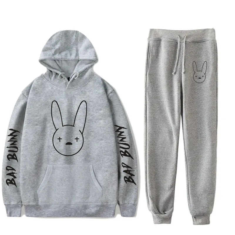 Harajuku Comfortable Funny bad bunny Print Sweatshirt Sweatpants Suit Men/Women Hoodies+ Trousers Suit Cute 2 Piece Set Clothes — image 31