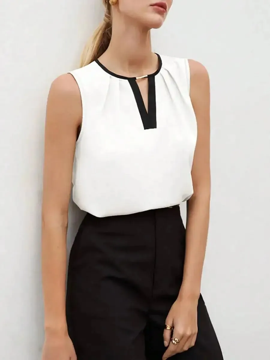 Women's Tank Top Spring Summer White Black Contrast Trim V Neck Sleeveless Loose Elegant Office Daily Work Top — image 7