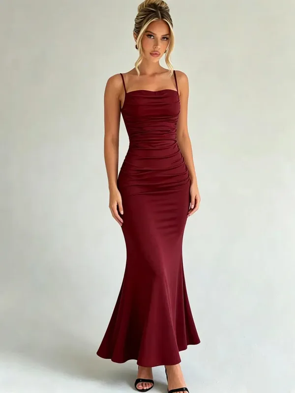 Women Spaghetti Strap Ruched Mermaid Maxi Dress Square Neck Bodycon Elegant Evening Party Long Dress — image 2