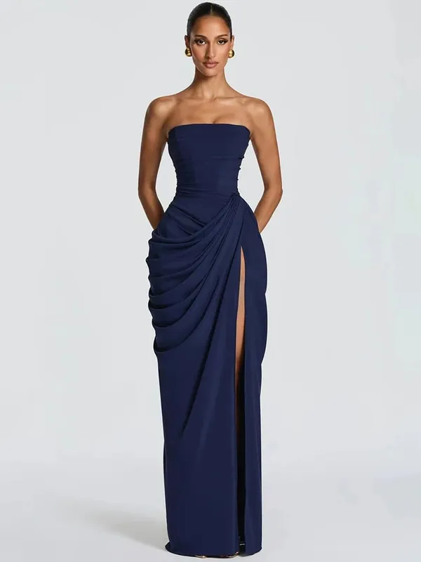 Mozision Chiffon Off-shoulder Strapless Sexy Maxi Dress Women Elegant Sleeveless Backless High Split Ruched Club Party Dress — image 7