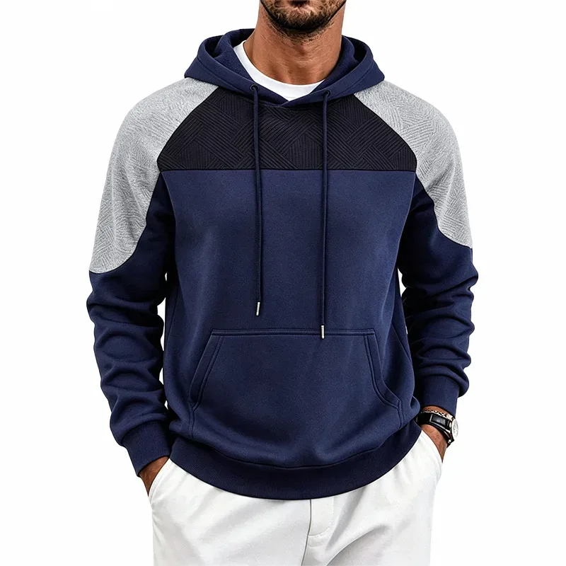 Autumn Winter Men Color Block Raglan Hoodie Textured Chest Panel Drawstring Kangaroo Pocket Loose Casual Streetwear Sweatshirt — image 2