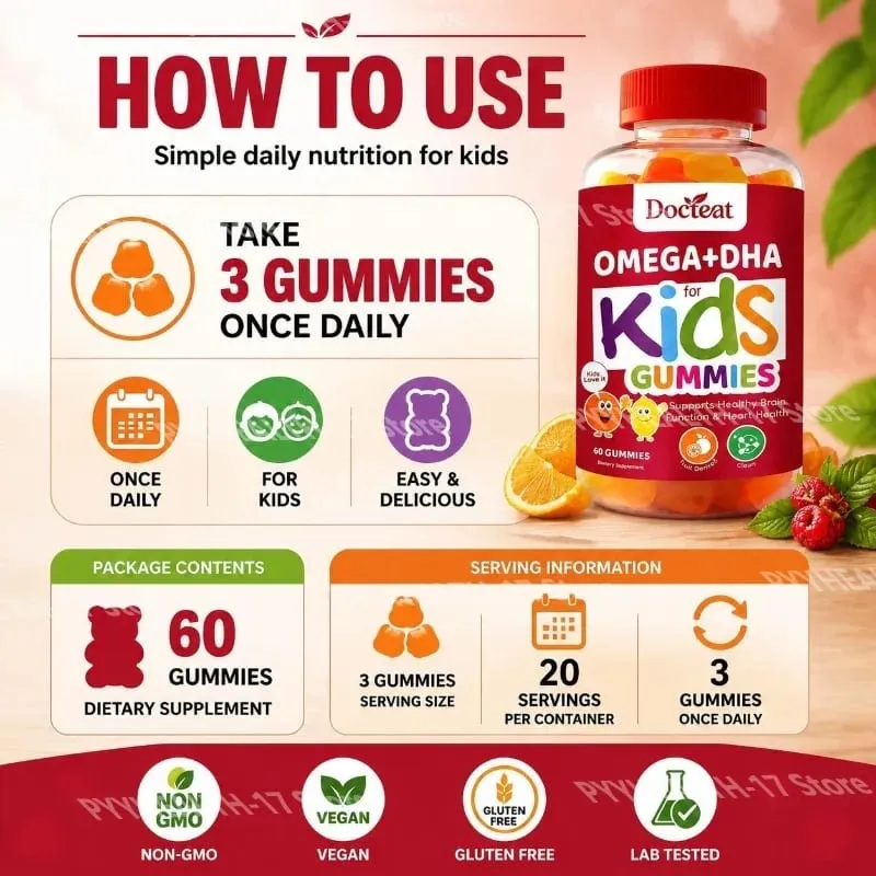 Docteat Omega+DHA Kids Gummies with DHA From Algae Vitamin C and Chia Oil Omega-3 6 9 for Brain & Vision Support 60 Gummies — image 5