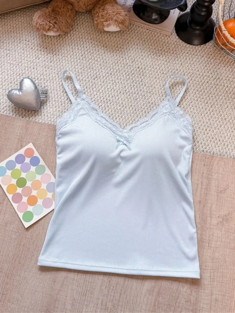 Spaghetti Strap Camis 2026 Summer Lace Ribbed Women Tank Top With Built In Bra Pads Slim Fit Crop Top For Inner & Outer Wear — image 11