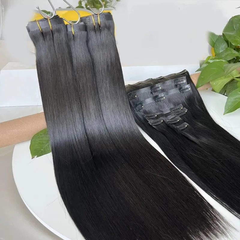 Bone Straight Clip In Human Hair Extensions Unprocessed Raw Hair Extensions Full Head Seamless Clip Ins Extension 100g/7pcs — image 3