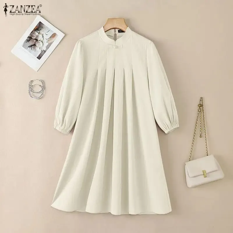 Summer Women's Elegant Pleated Dresses Stand Collar 3/4 Puff Sleeve Crinkled A-Line Knee-Length Dress Casual Robes Femme — image 3
