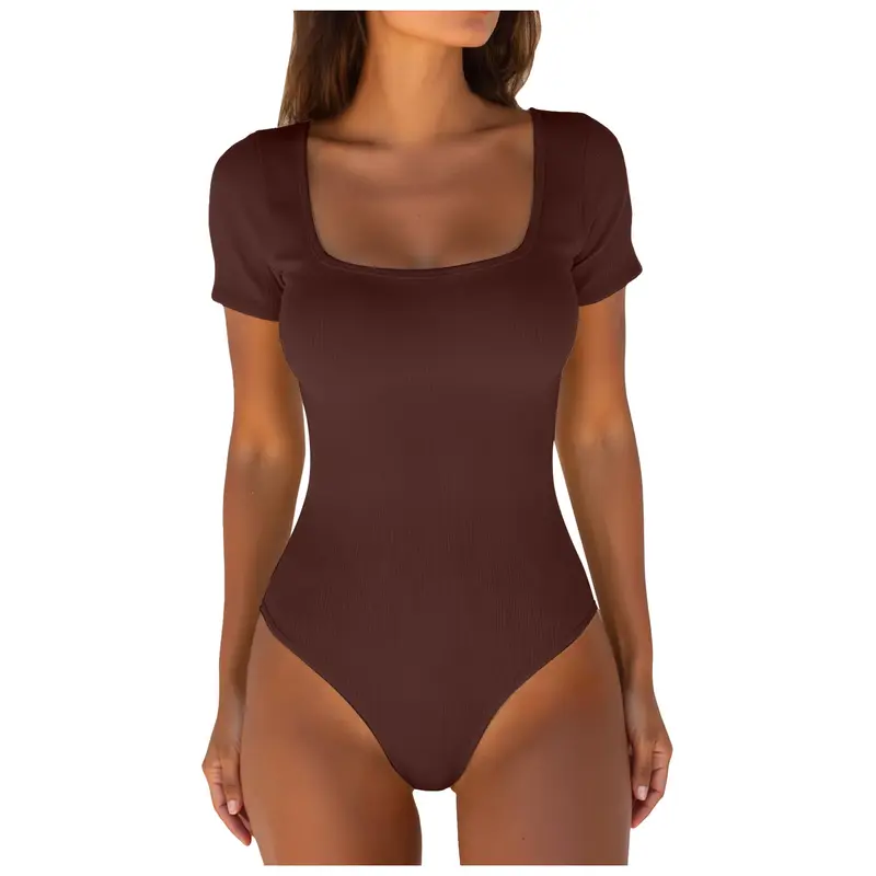 Sexy Bodysuits One-Piece Ribbed Square Neck Short Sleeve Bodysuits Women's Tummy Control Knitted Bottoming Tops Body Shaper — image 1
