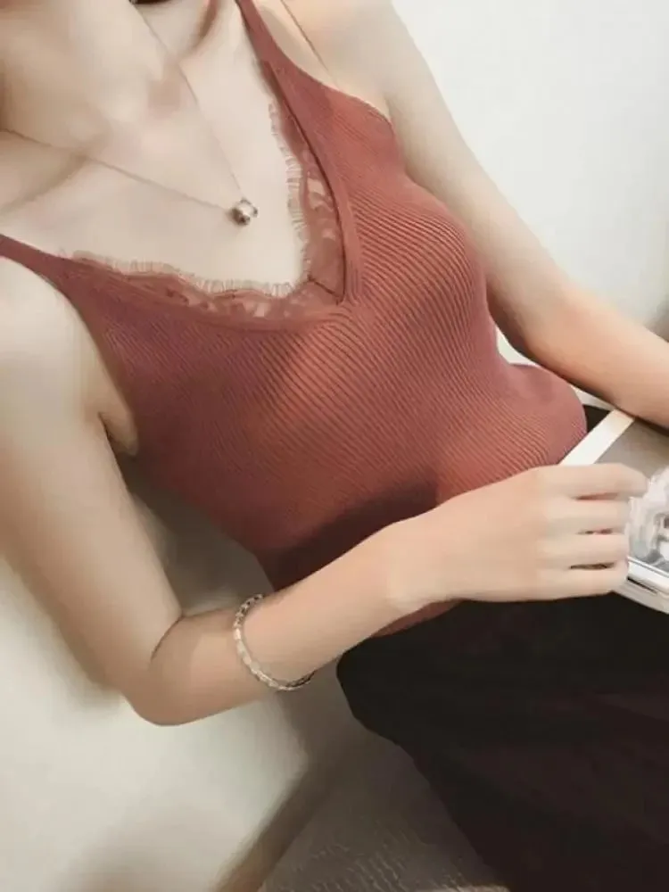 2026 Summer Casual Tops Solid Stitching V-neck Camis Women Hook Flower Lace Tank Female Knitted Short Slim Sleeveless Shirt — image 6