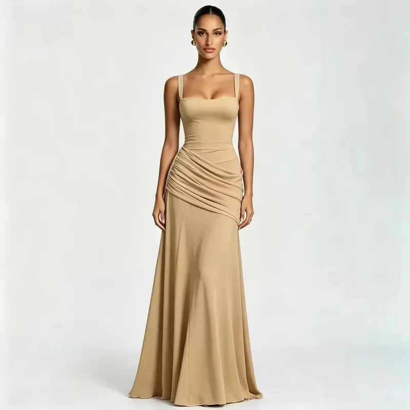 Sexy Solid Pleated Sling Dress Women Elegant Square Neck Sleeveless Waist-cinching Maxi Dresses 2026 New Summer Lady Party Robe