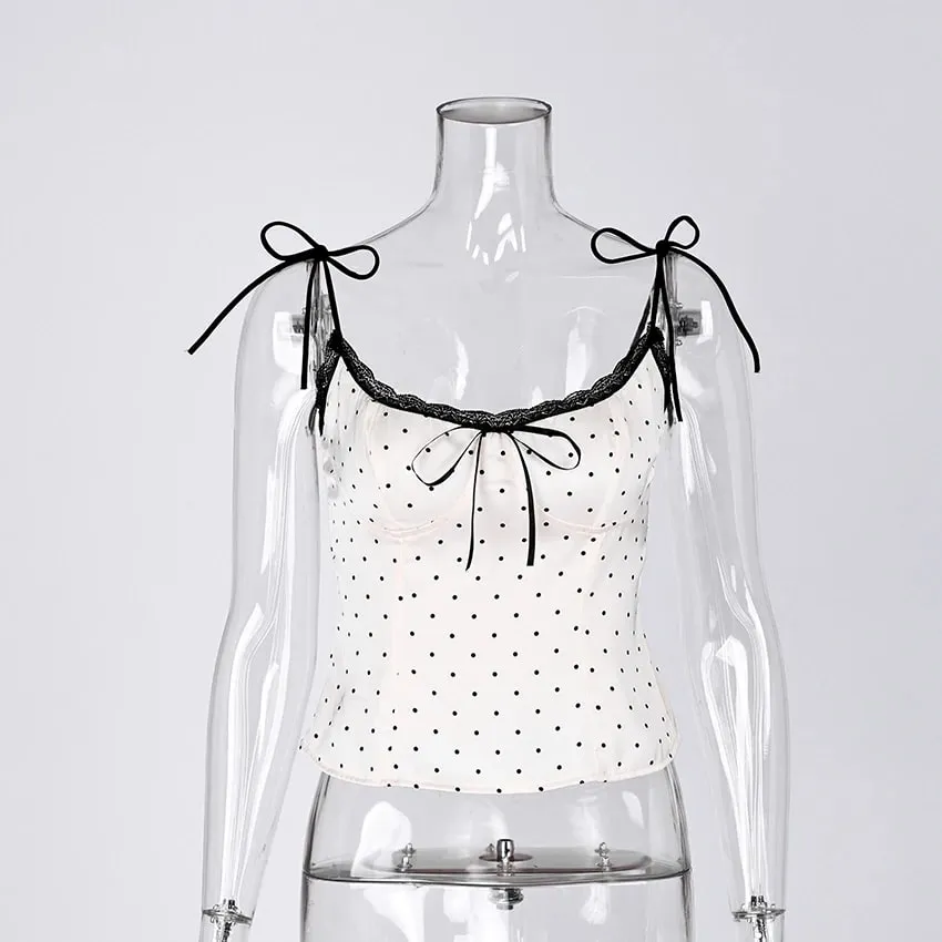 Linad Sexy Polka Dot Lace Spaghetti Strap Vests 2026 Street Chic Satin Lace Up Camisole Women Spring Elegant Sleeveless Tops Bow