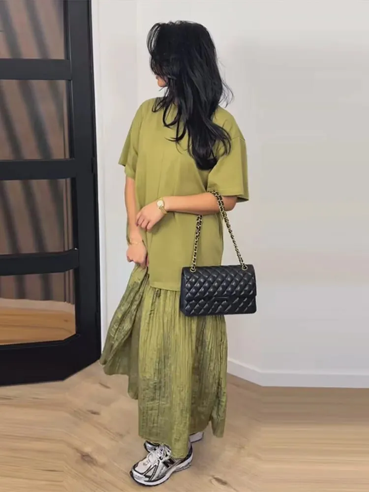 Fashion Patchwork Women Short Sleeve Dresses Casual O Neck Loose Female Solid Midi Dress 2026 Spring New Lady Long Robe Street — image 3