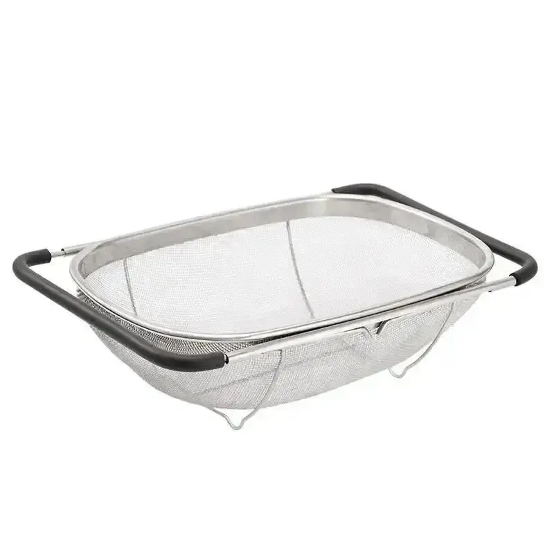 Retractable Drain Basket Rubber Grip Handles Oval Colander Sink Vegetables Draining Rack Home Storage Basket Stainless Steel — image 4