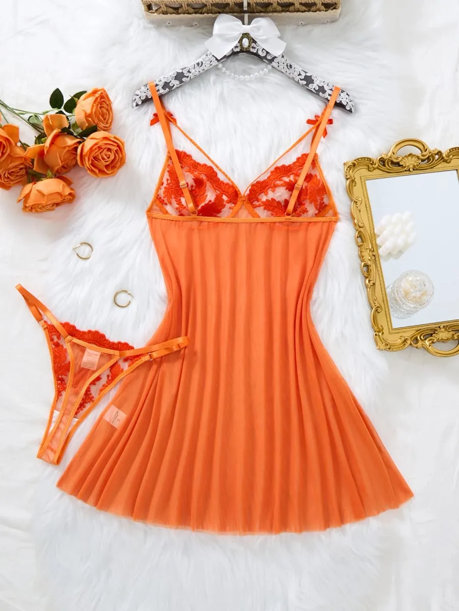Women Orange Floral Embroidery Babydoll Nightgown Bow Strap Sheer Mesh Sleep Dress With Matching Thong Lingerie Set ZA825066 — image 2