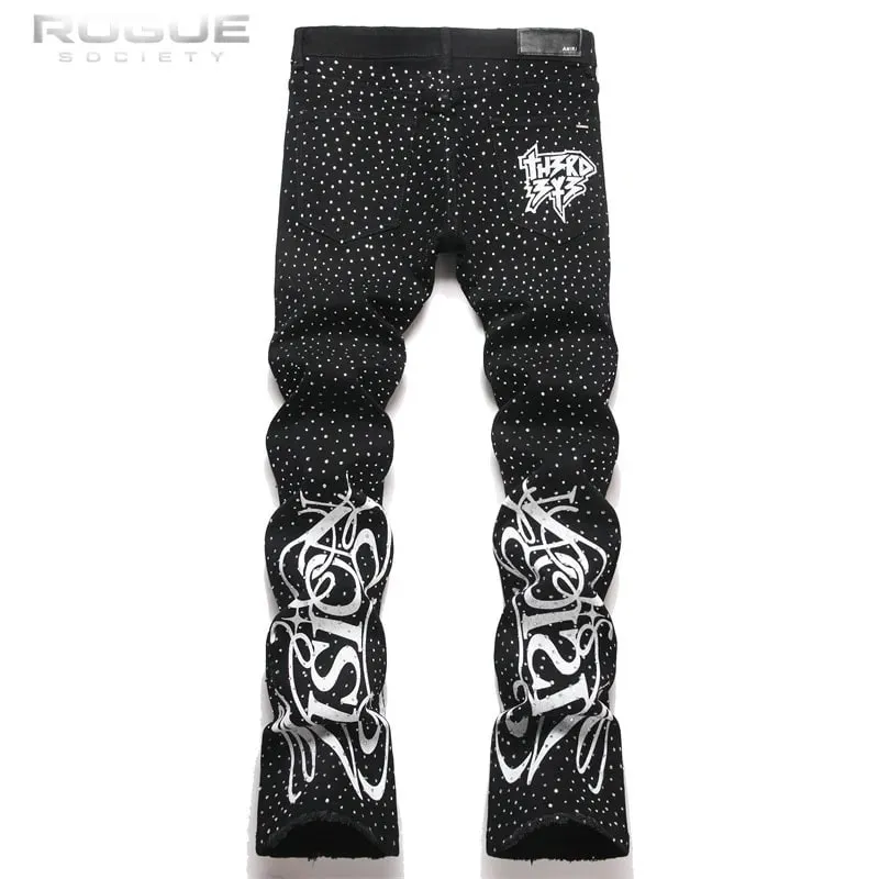 Punk Flame Rhinestone Jeans Men Harajuku Black High Street Elastic Streetwear Y2K Grunge HipHop Casual Denim Pants Unisex Edgy — image 2