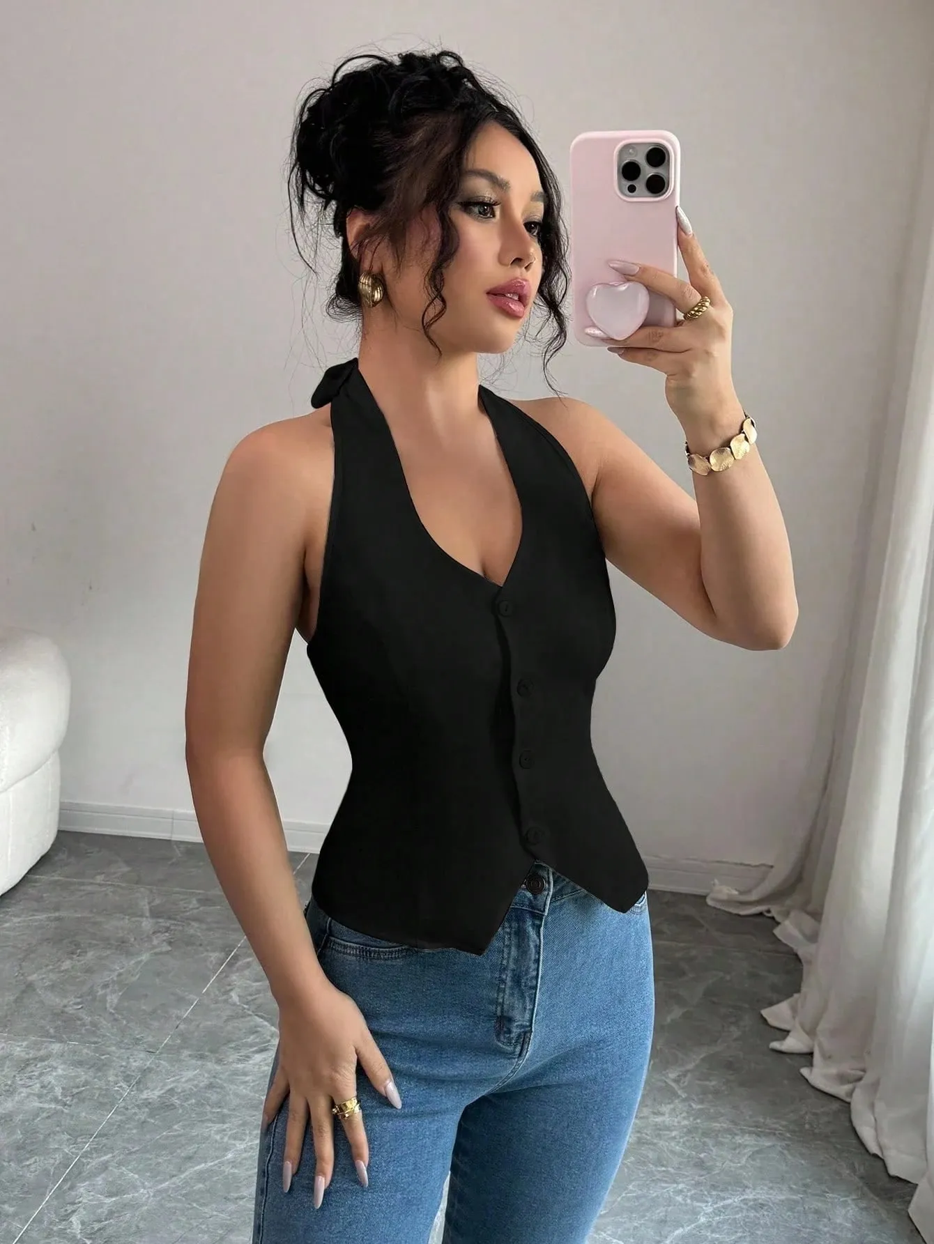 Women's Solid Color Casual Button-Up Halter Top Tank Vest One Piece Comfortable Breathable Fashionable Summer Wear — image 4