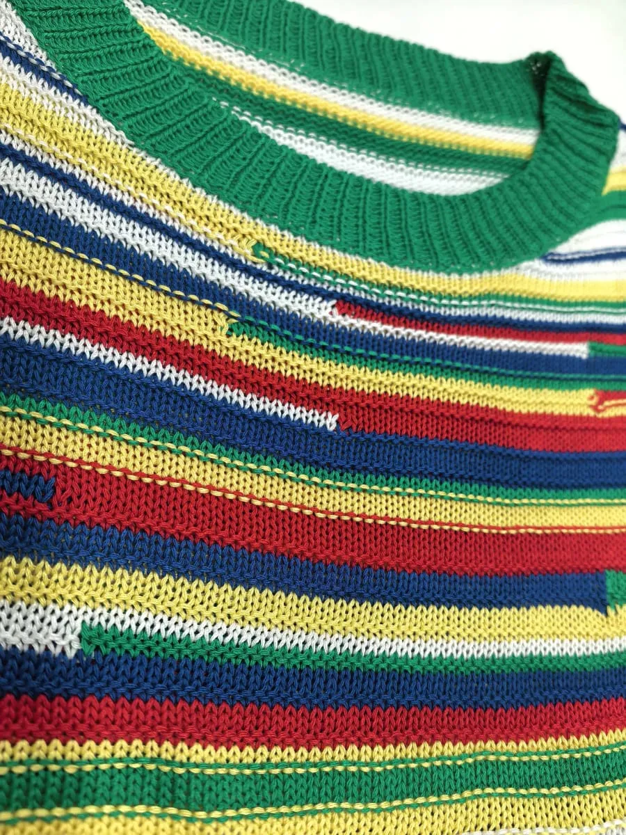 Multi-color rainbow-striped knitted round-neck short-sleeved dress suitable for various daily outfits elegant and casual women