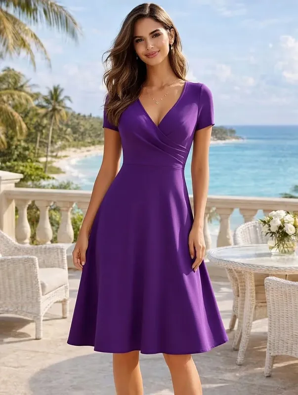 Women's Elegant Round Neck Summer Short Sleeve Solid A-Line Knee-length Dress High Waist Swagger Party Wedding Casual Departure — image 8