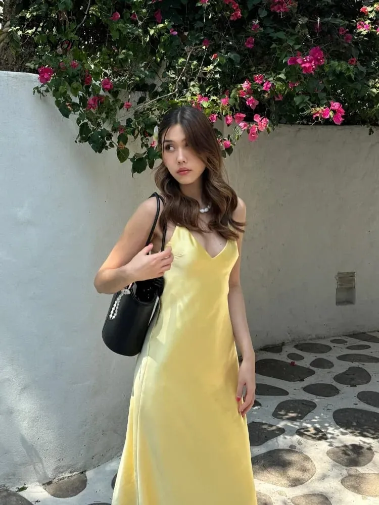 Women Solid Satin Sling Long Dress Casual Backless Sleeveless V-neck Pleated Gowns 2026 Summer Vacation Evening Party Robes — image 5