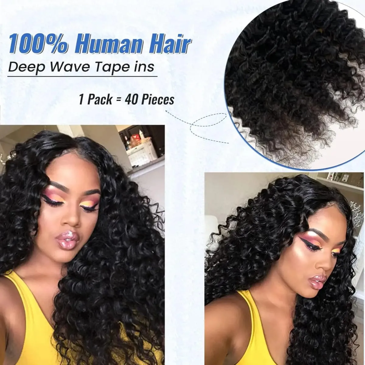 Deep Wave Tape In Hair Extensions Natural Black 100％ Human Hair 20pcs/50g Curly Tape Ins Invisible Seamless Replaceable Glue #1B
