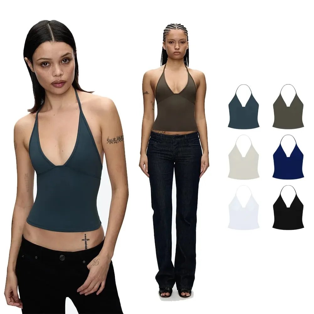 Tank Deep V Halter Neck Camisole Slim Fit Short Crop Top Tight-Fitting Waist-Cinching Backless Tank Top Versatile Outerwear Solid Color Base Shirt for a Spicy Look — image 2