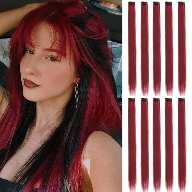 10Pcs Pink Clip in Hair Extensions Party Highlights Wig Synthetic Colored Straight Hairpiece for Girls Kids Christmas Party Use — image 11