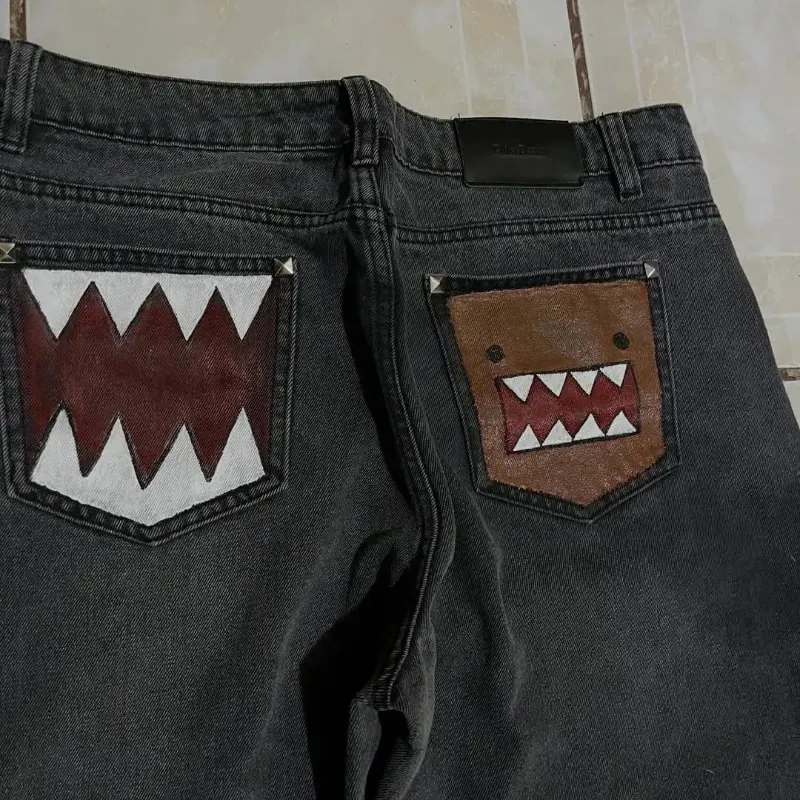 Washed Black Baggy Men Monster Tooth Embroidery Jeans Pocket Wide Leg Denim Pants Y2k Streetwear Hip Hop Loose Trousers Unisex — image 4