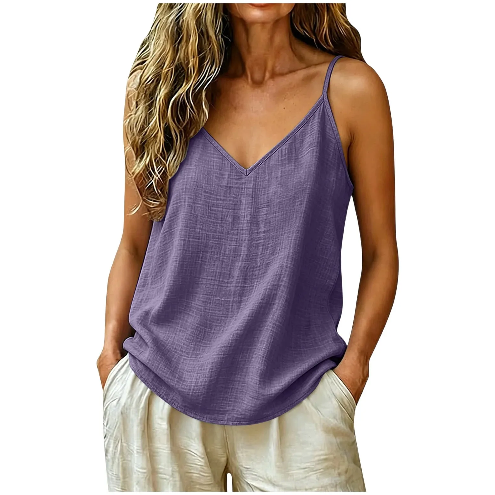 Women Cotton Linen Spaghetti Strap Tank Top V Neck Solid Color Loose Fit Lightweight Casual Sleeveless Camisole Summer Beach Top — image 9