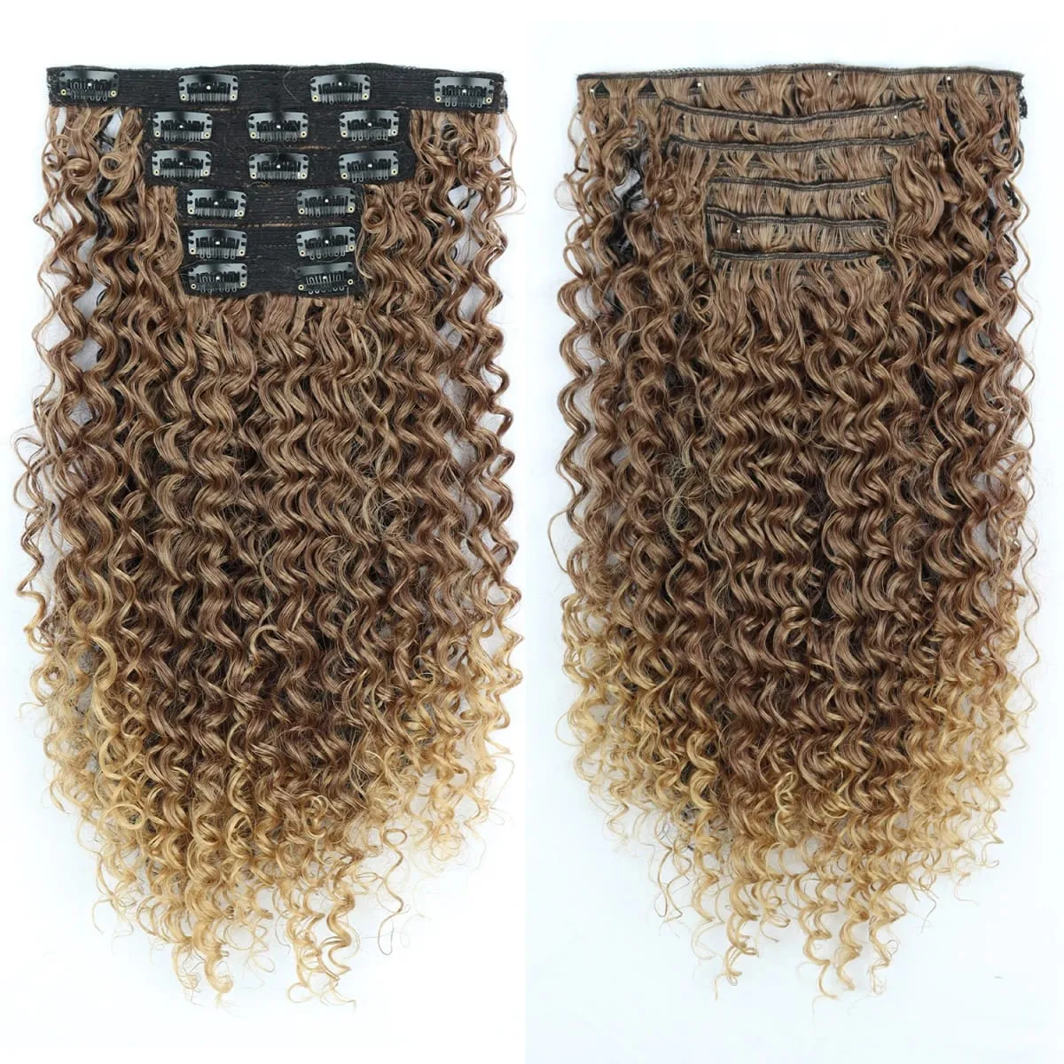 Synthetic Kinky Curly Clip On Hair Extensions Black Blonde Fluffy Kinky Curly Full Head Fake Pieces Hair Extensions For Women — image 12