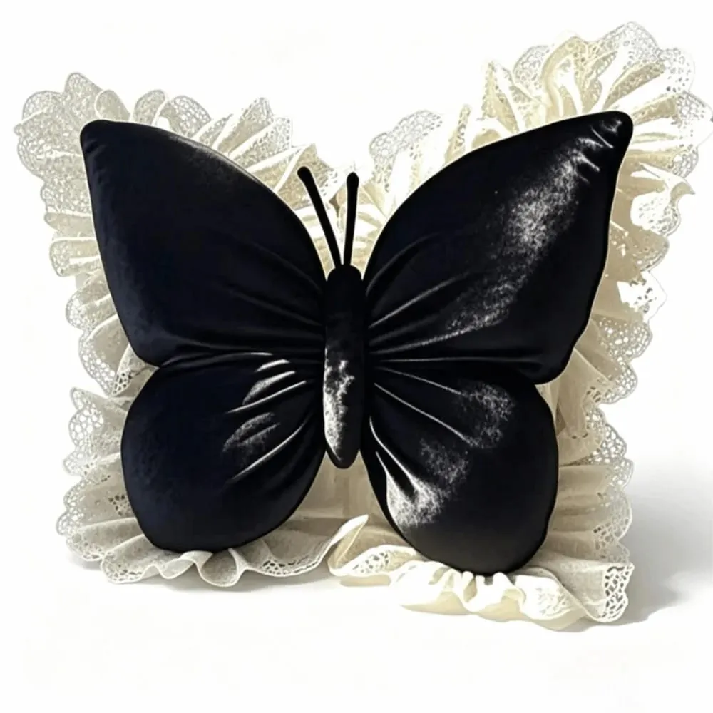 Decorative Cushion Velvet Butterfly Plush Pillow Lace Trim Plush Bow Plush Cushion Soft Cute Bow Throw Pillow Sofa — image 1