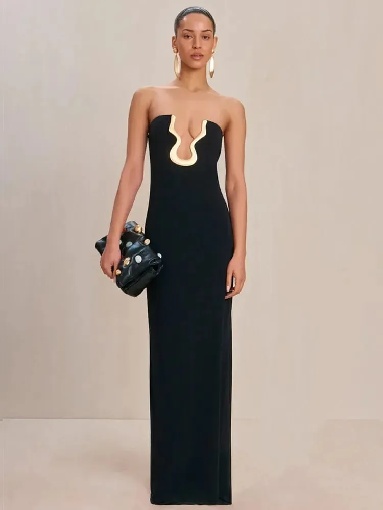 2025 Celebrity Women Sexy senza spalline Backless Nero Maxi lungo aderente vestito dalla fasciatura Elegante abito da sera per club — image 2