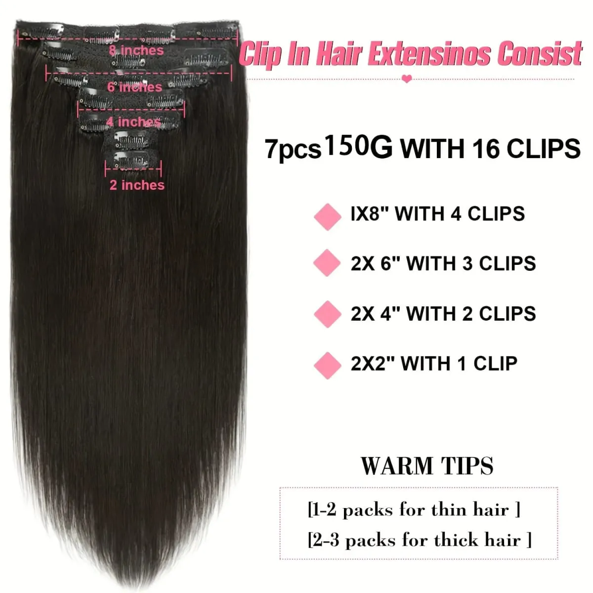 20" Straight Super Long 7pcs Set Thick Clip in on Hair Extensions Straight Full Head Black for Women Synthetic Hair — image 3