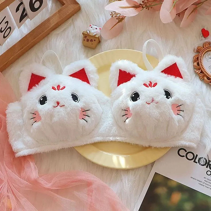 Cute Cartoon Furry Cat Ears Lingerie Bras Underpants Underwear Two Piece Sets Sweet Warm Winter Plush Underwear Set New