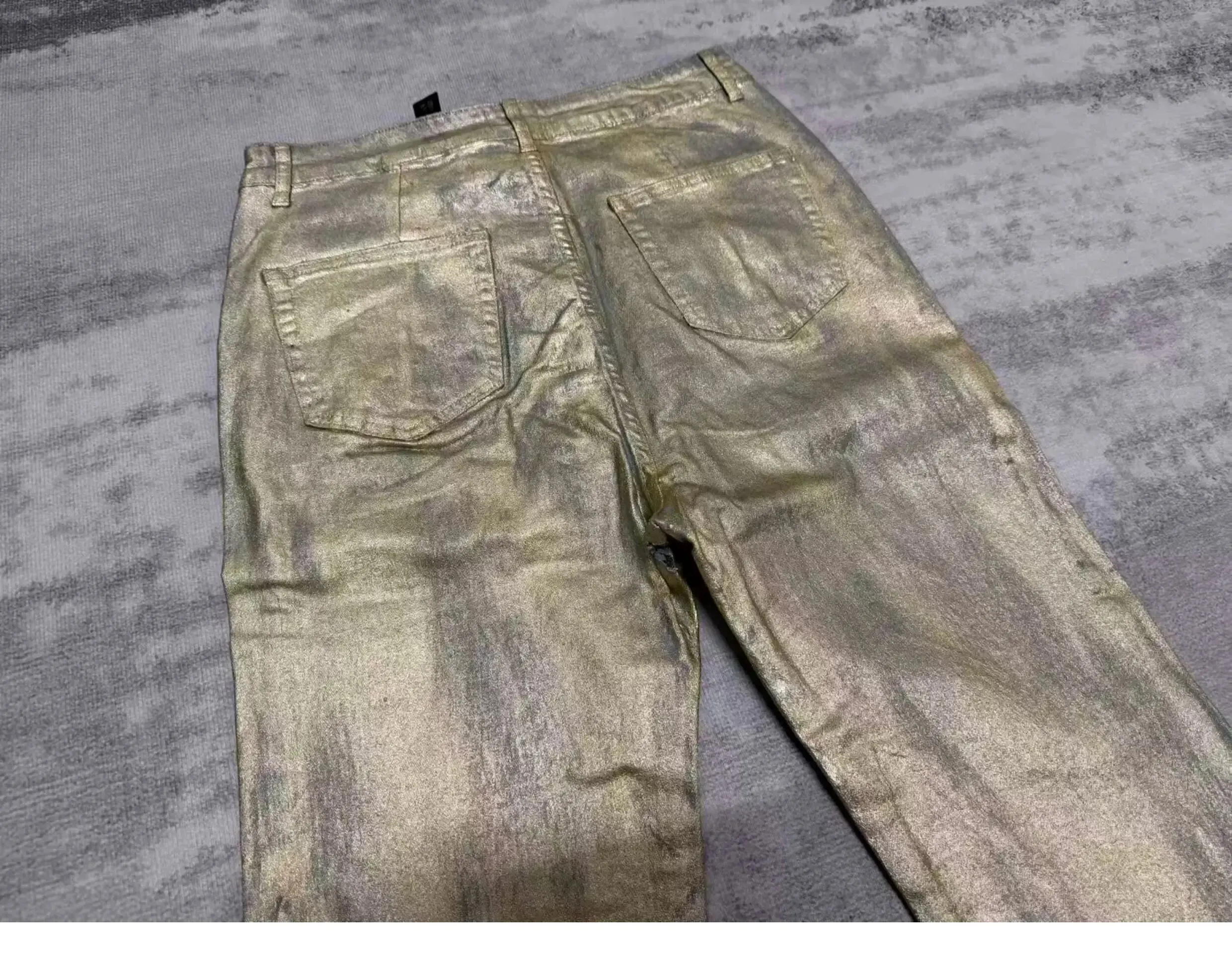 High Street RO Wind Pant Men Heavy Industry Coating Gold Brushed Three Dimensional Floor Pulling Horn Jeans Gold Plated Pants — image 4