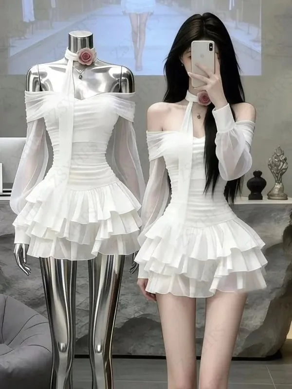 Korea Kawaii Sexy Dresses Punk Aesthetic 2000s Summer Sexy Girl Gentle Dress Chiffon Perspective Trendy Slim Tiered Short Dress — image 2