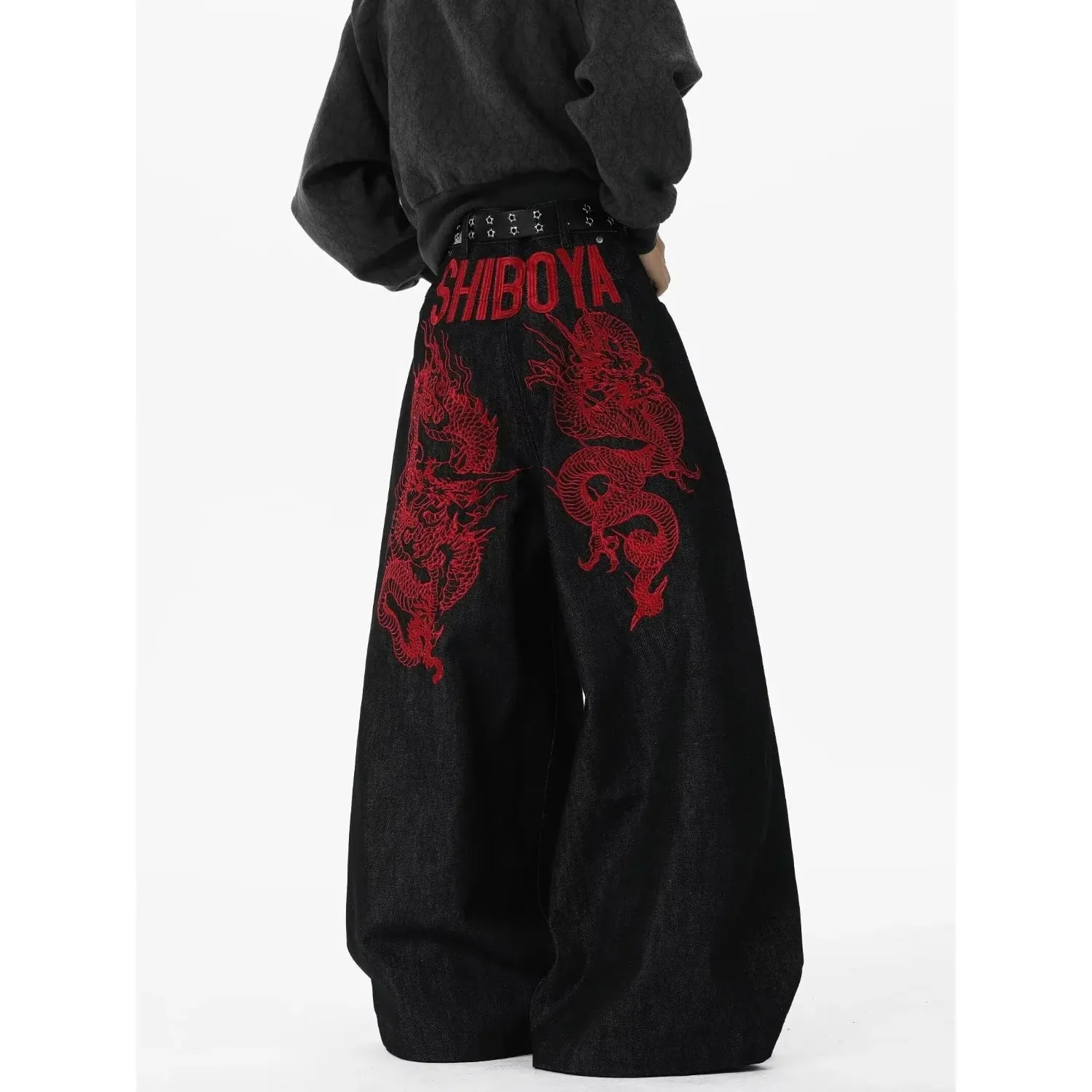 Retro Red Dragon Embroidery Wide Leg Knife Edge Jeans for both men and women Y2K street cool floor length wide leg pants — image 2