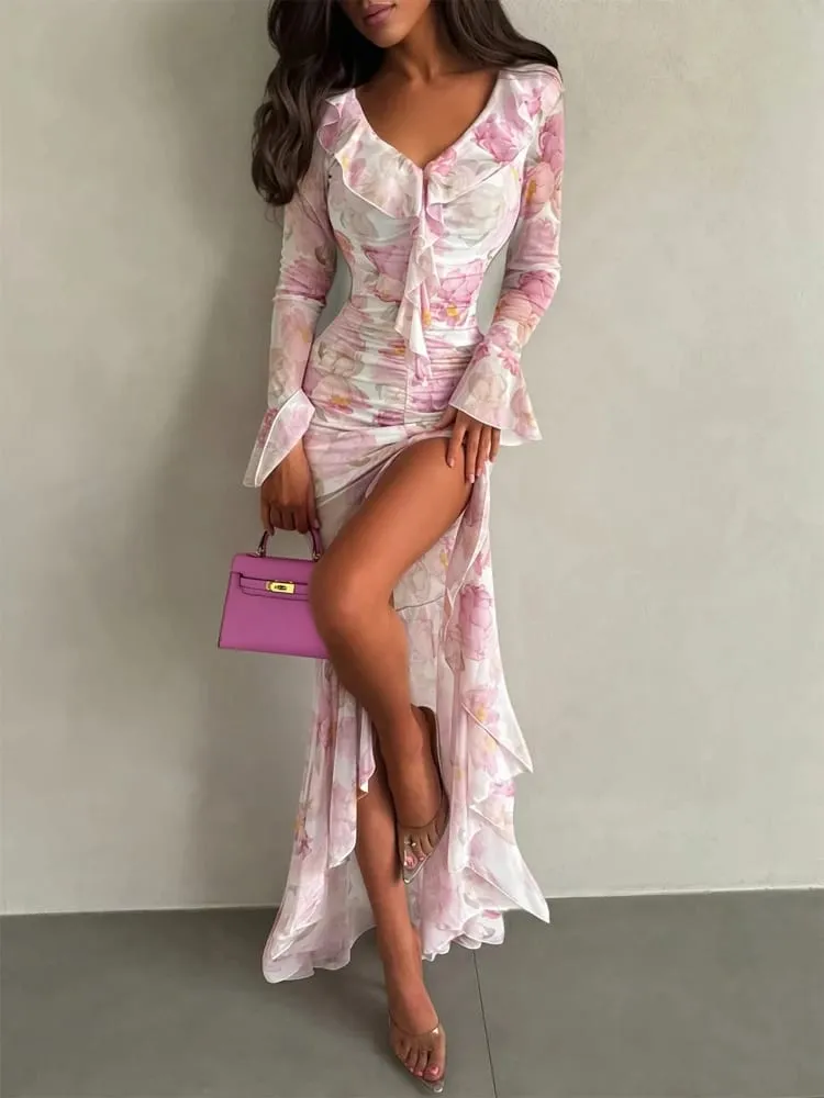 Women Pink Floral Print Maxi Dress Elegant V Neck Ruffle Trim Flare Sleeve Ruched High Chiffon Dresses 2026 Lady Party Vestido — image 1