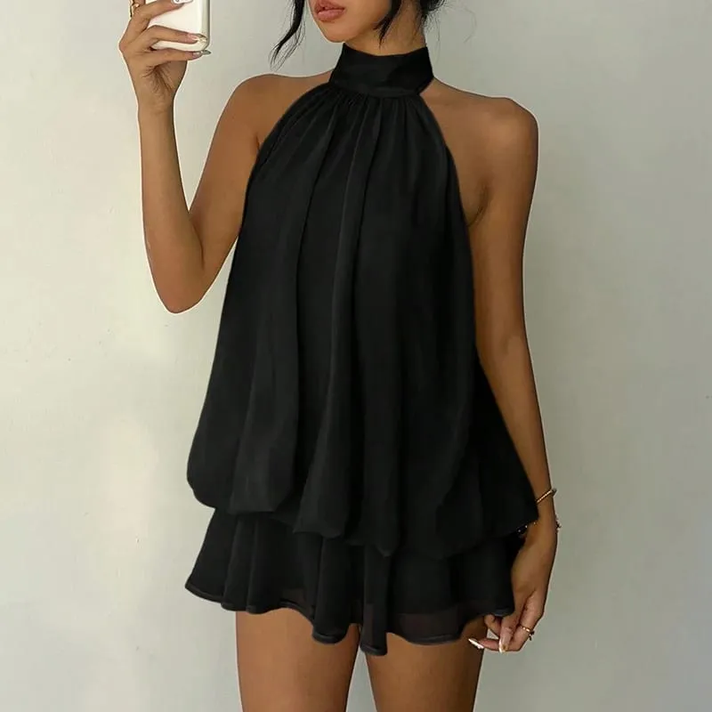 French Style Solid Color Halter Dress Women Sleeveless Off Shoulder Backless A Line Mini Dress Spicy Girl Beach Vacation Dresses — image 4