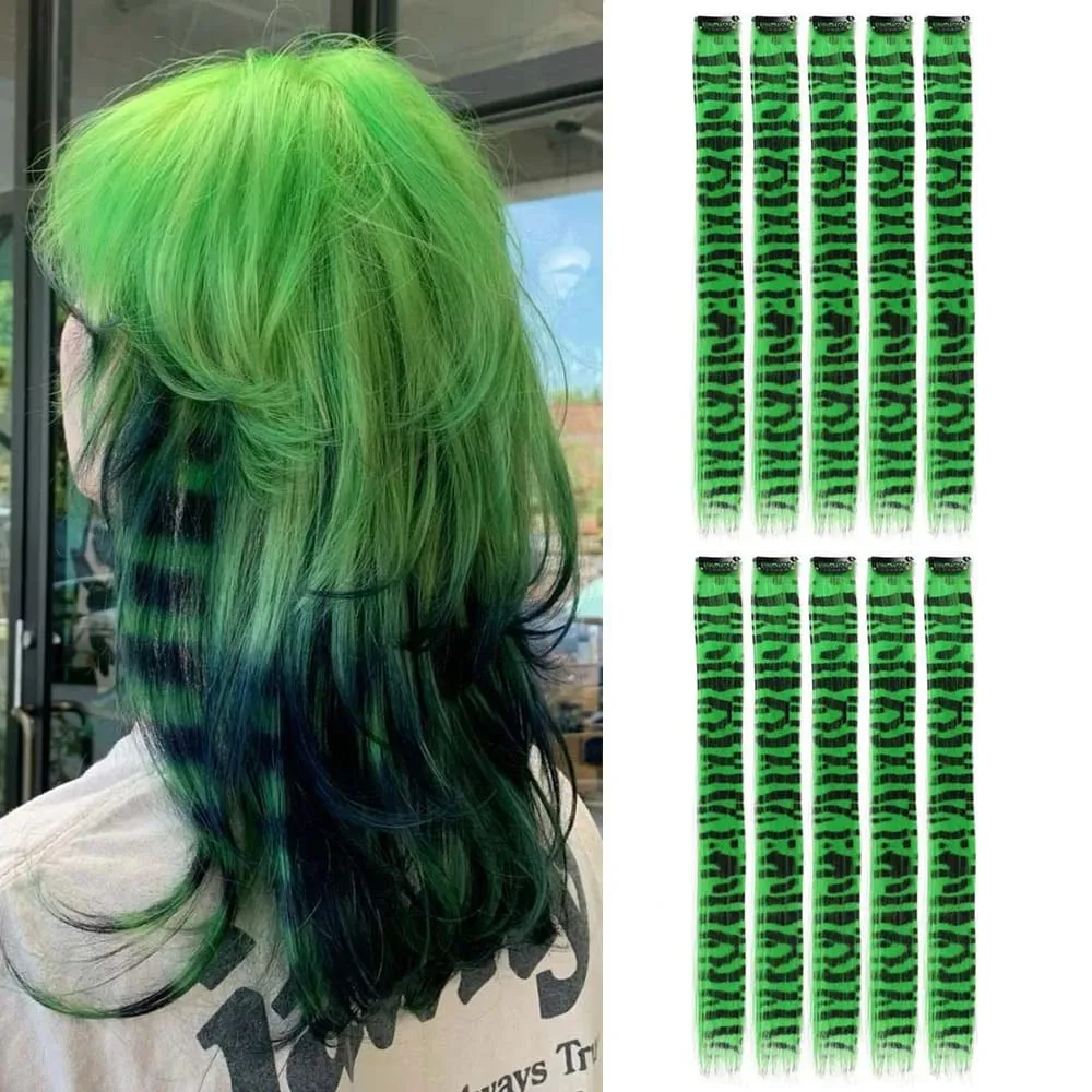 10pcs/set Stripe Printed Hair Colorful Long Straight Hair Pieces Synthetic Clip-in Hair Extensions for Daily Use Party Christmas — image 17