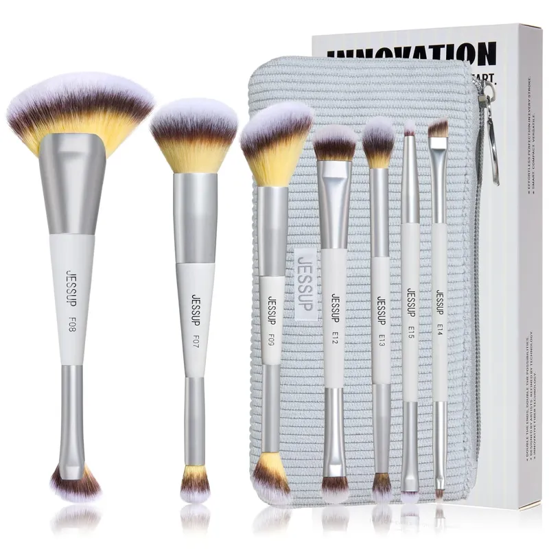 Jessup Juego de brochas de maquillaje, 3/7 Uds., base sintética de doble punta, colorete, resaltado, mezcla de brochas para cejas con bolsa, gris silencioso T520