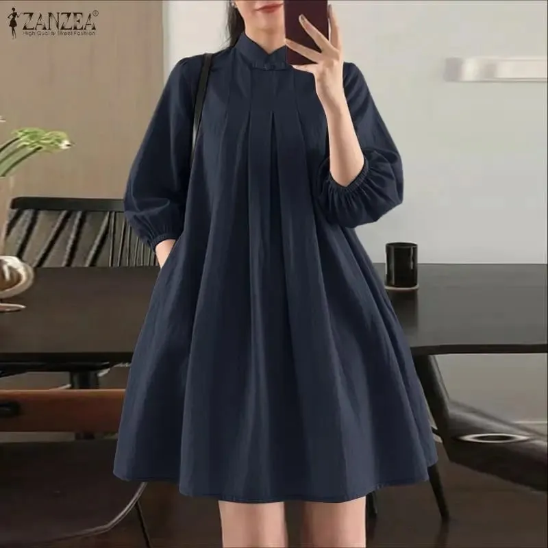 Summer Women's Elegant Pleated Dresses Stand Collar 3/4 Puff Sleeve Crinkled A-Line Knee-Length Dress Casual Robes Femme — image 5