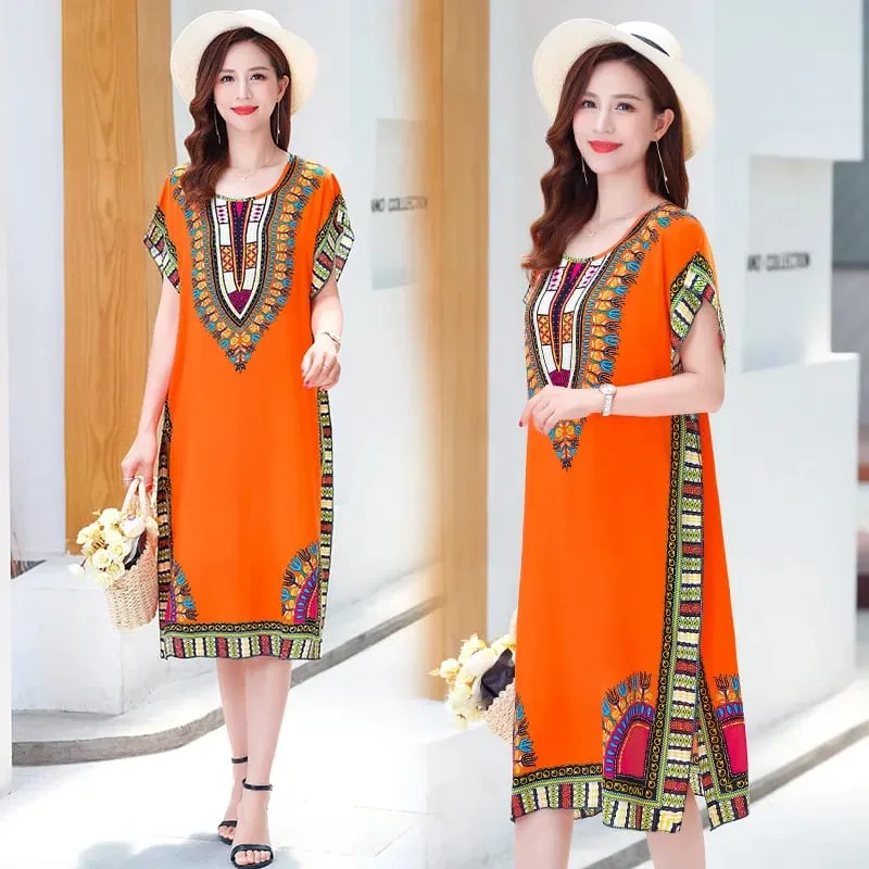 Summer cotton and silk dress medium and long bat sleeve loose large size beach dress mother dress belly and thin skirt women — image 8