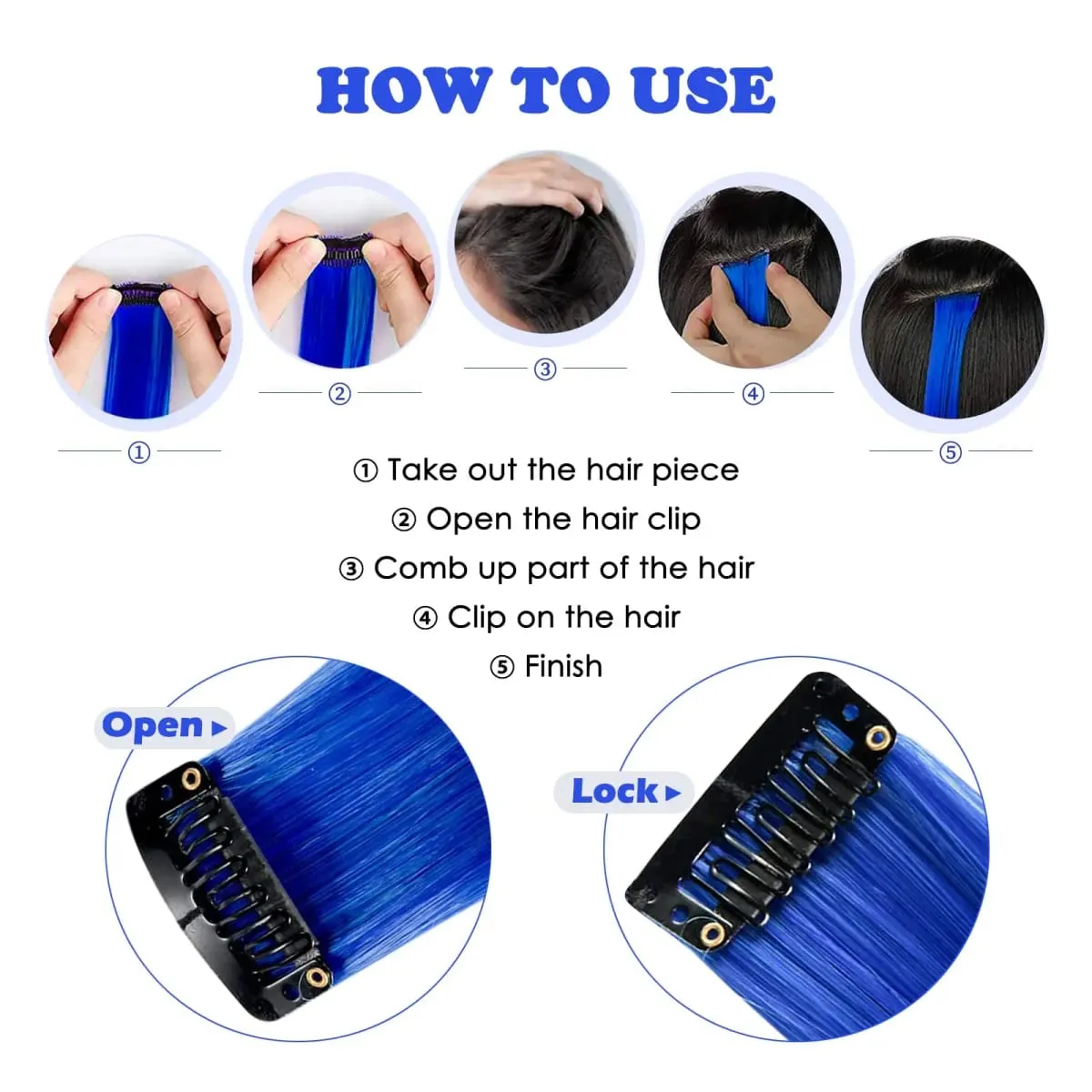 Blue Hair Extensions Clip in 6 Pcs Colored Highlights Hair Extensions Synthetic 24 inch Rainbow Hairpieces Dress Party Birthday